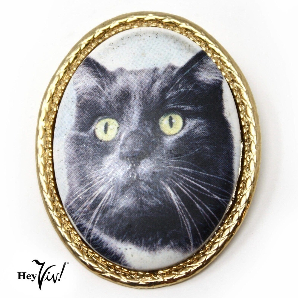 Vintage 1980s New Old Store Stock Black Cat Full Face Cameo Pin Brooch -Hey Viv